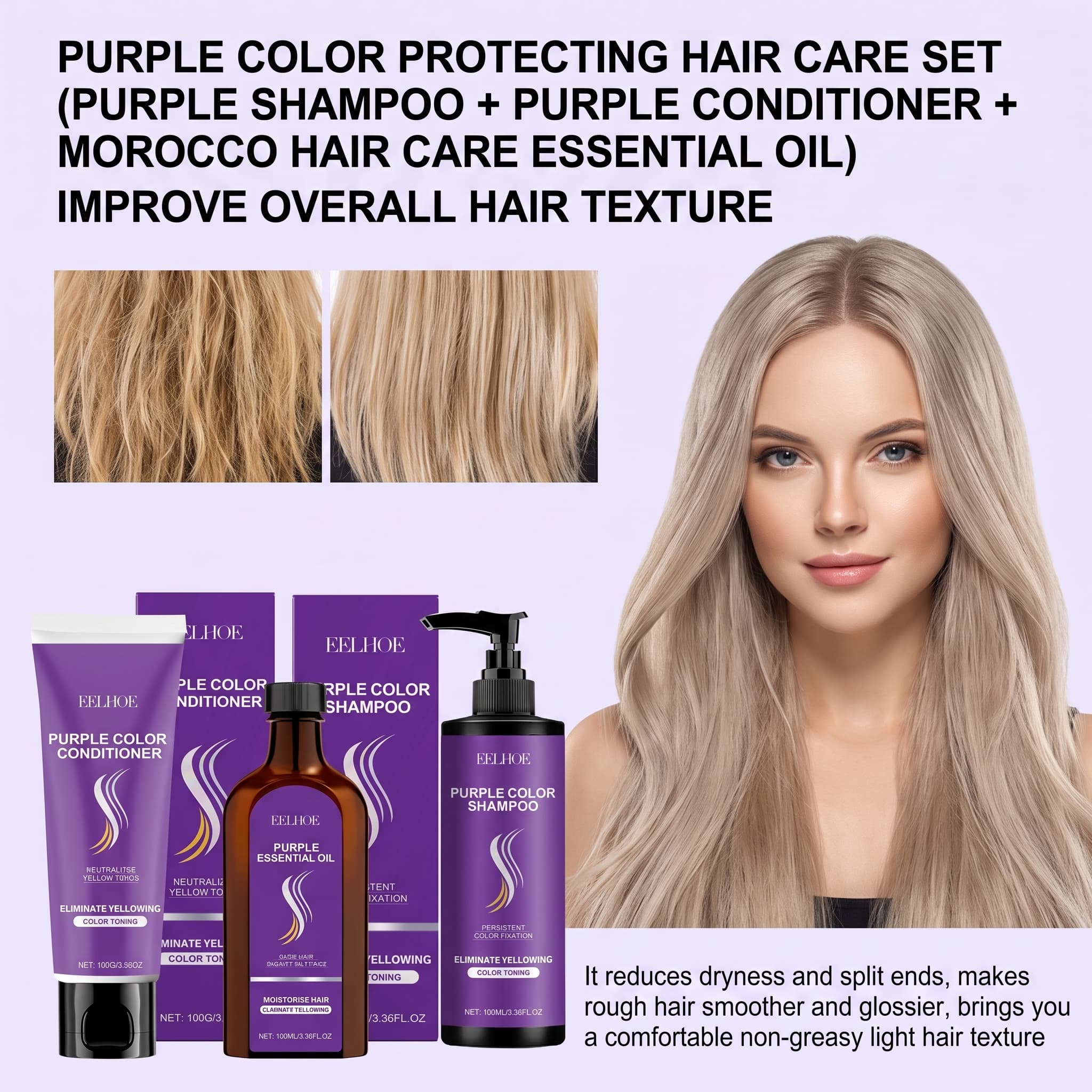 Hair Care Conditioner - Ensemble shampoing violet avec après-shampoing, huile